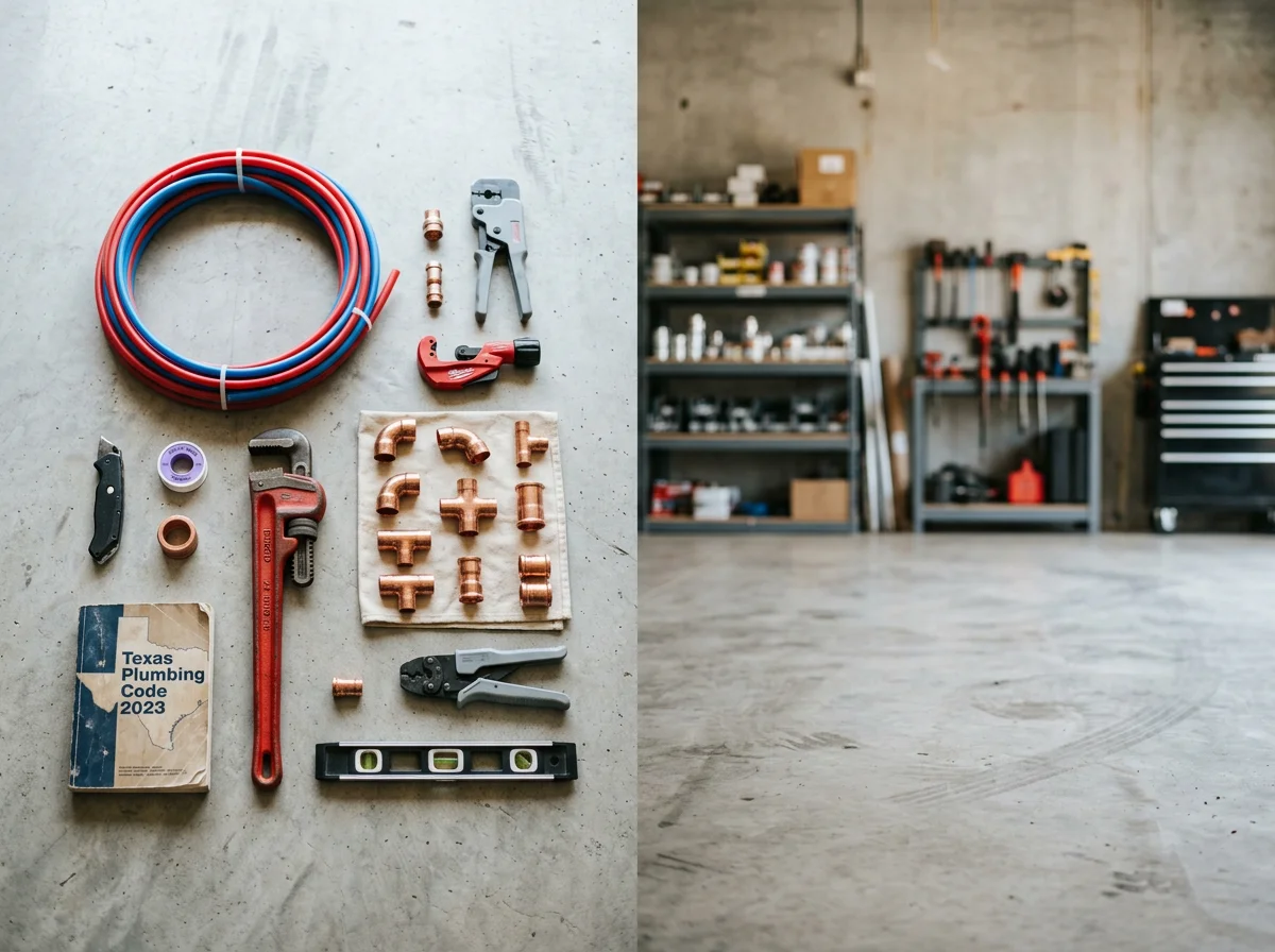 Plumbing tools and equipment organized on a work surface, representing the trade expertise and readiness of a professional plumbing contractor.
