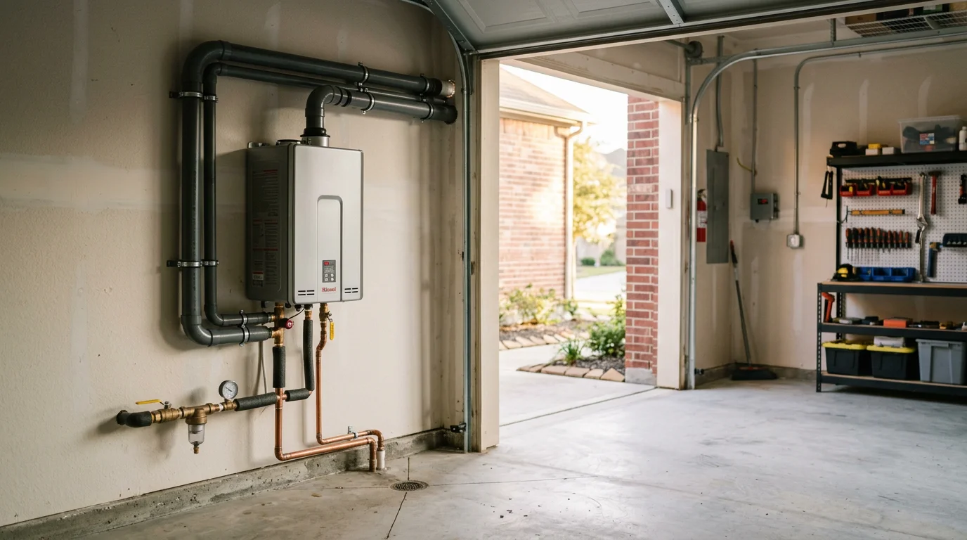 Technician installing a water heater in a Houston home
