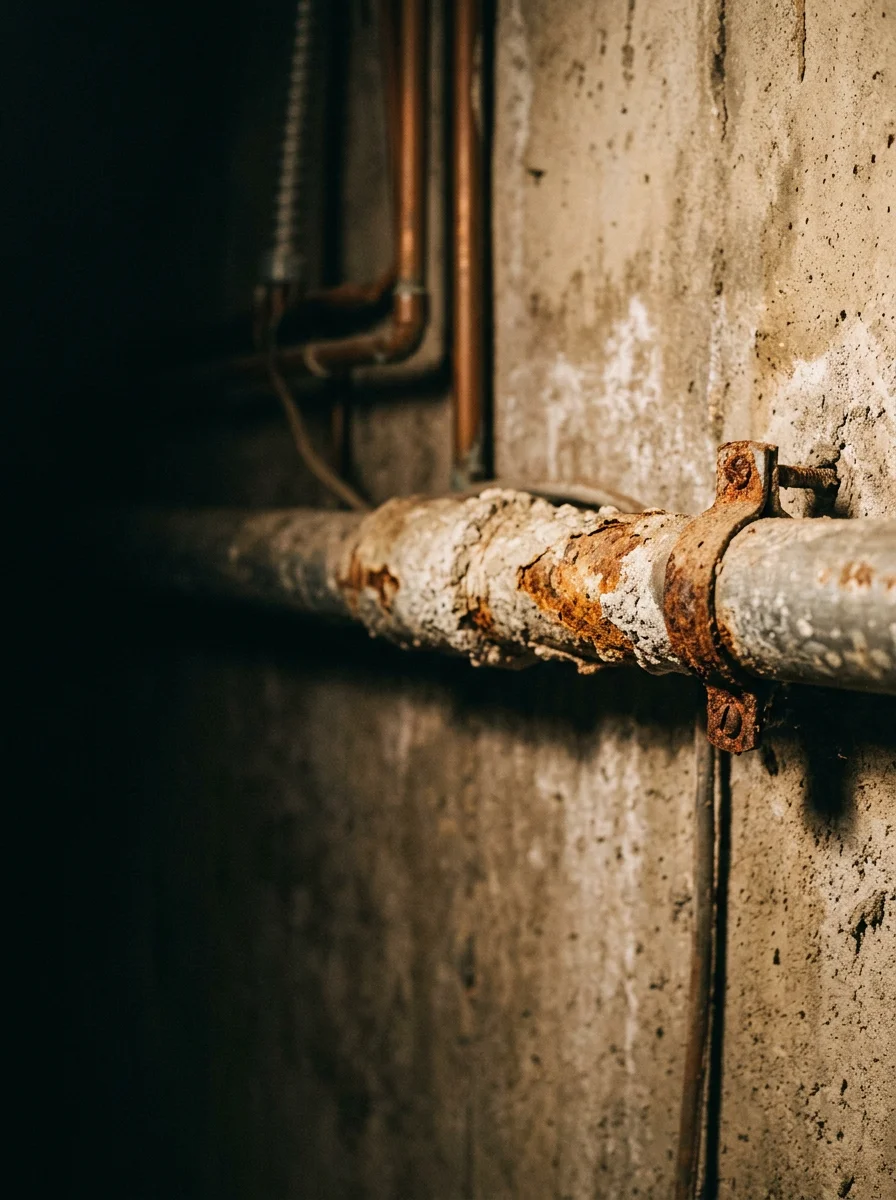 Plumber inspecting an aging galvanized water supply line in the utility room of a pre-1980s home near downtown Conroe, TX, showing visible corrosion on the pipe exterior.