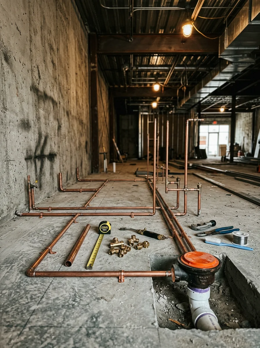 Commercial kitchen plumbing rough-in in progress at a Houston restaurant build-out, showing floor drain placement and supply line connections before concrete pour.