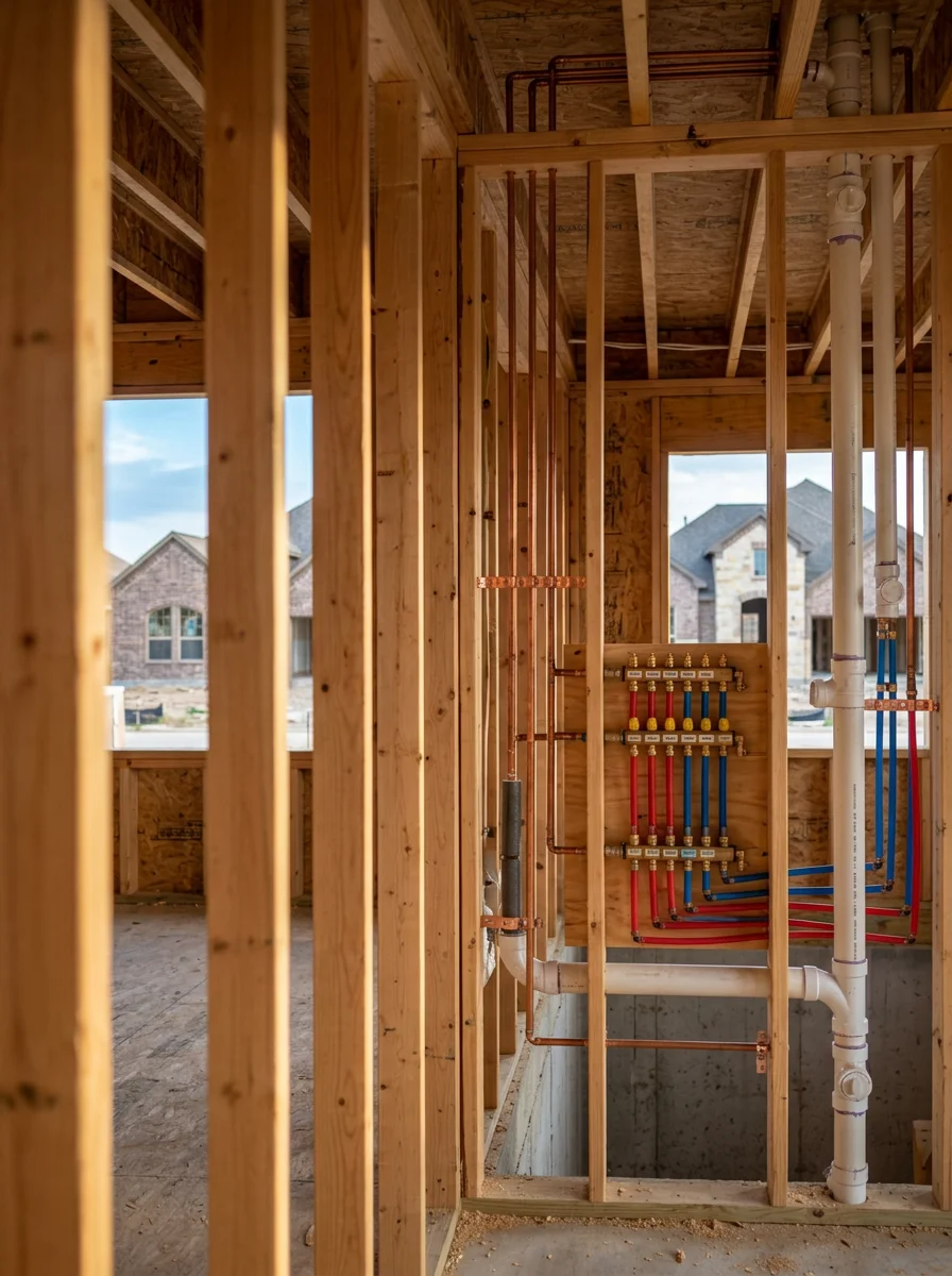 New residential construction plumbing rough-in in progress inside a framed home in a Katy, TX master-planned community, showing supply and drain line layout before drywall.