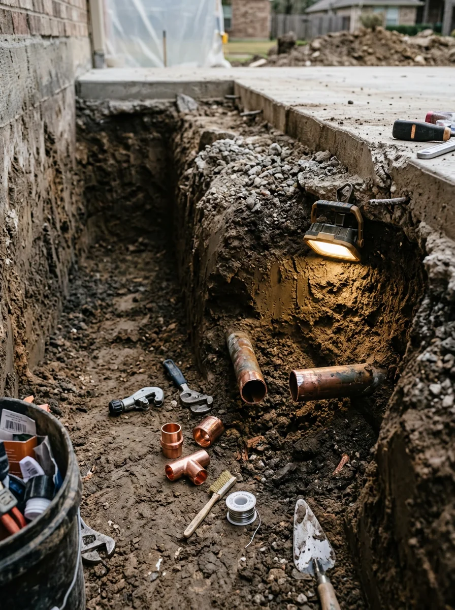 Copper supply line repair in progress beneath the slab of a Kingwood, TX home, showing the excavated trench and damaged pipe section being replaced.
