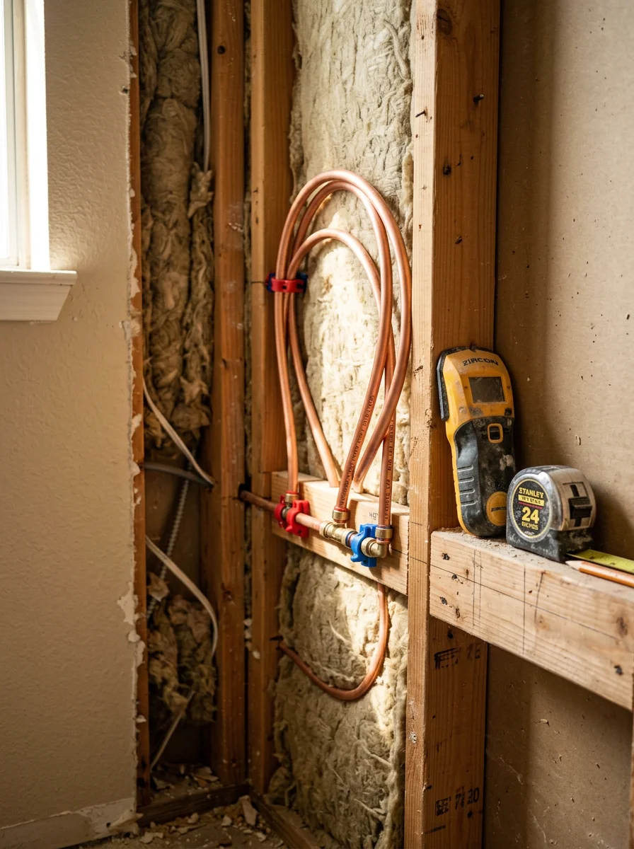 Close-up of PEX-A water piping being installed inside the wall cavity of a Spring, TX home during a bathroom remodel.