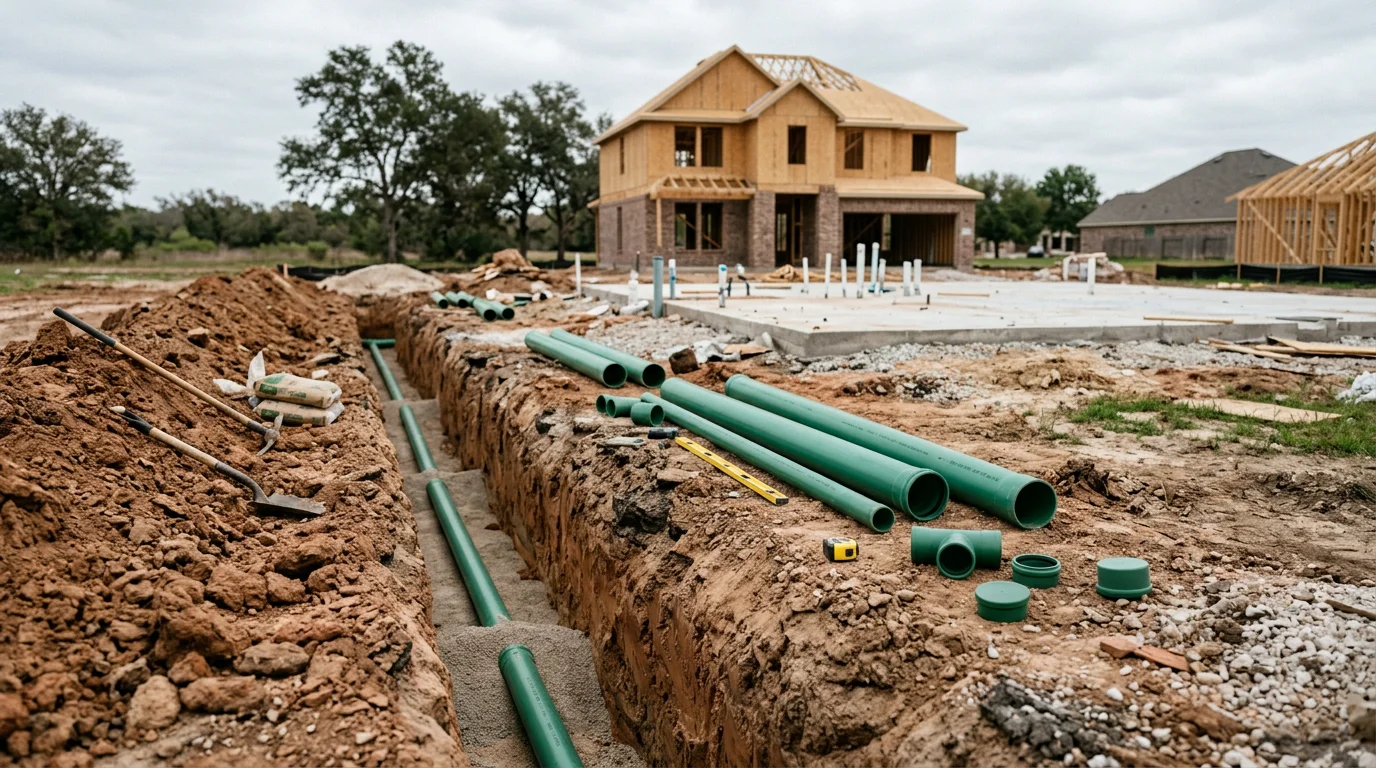 A plumber performing underground sewer line installation on a new residential construction slab in Spring, TX, with a framed house structure visible in the background.