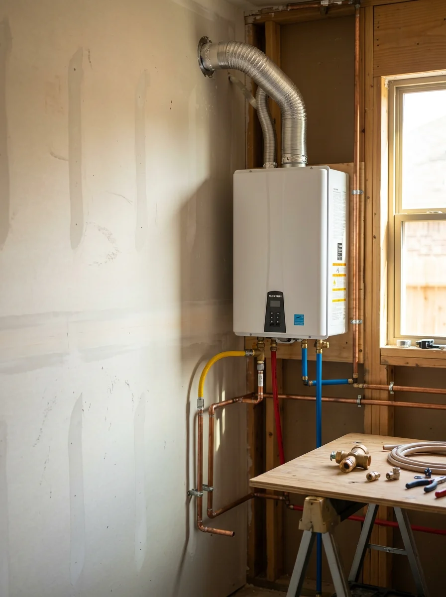 Tankless water heater installation in progress inside a Sterling Ridge home in The Woodlands, TX, showing new gas line connections and venting.
