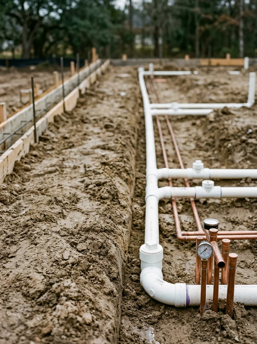 New construction plumbing rough-in in progress on a residential slab in a Tomball, TX subdivision, showing underground drain and supply line layout before concrete pour.