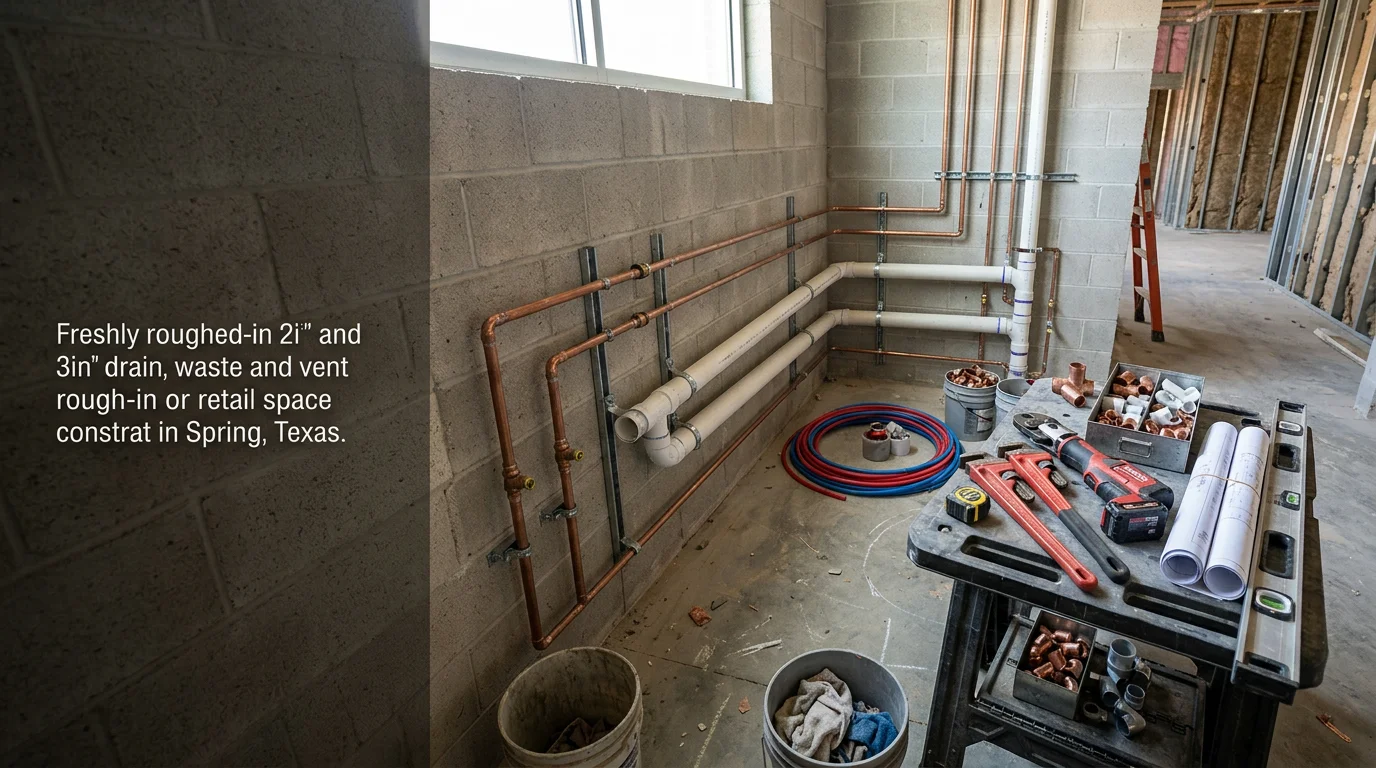 A Texas Master Plumber installing commercial-grade supply and drain piping inside a new construction build-out in Spring, TX. Exposed rough-in plumbing runs through open wall framing in a commercial space awaiting drywall.
