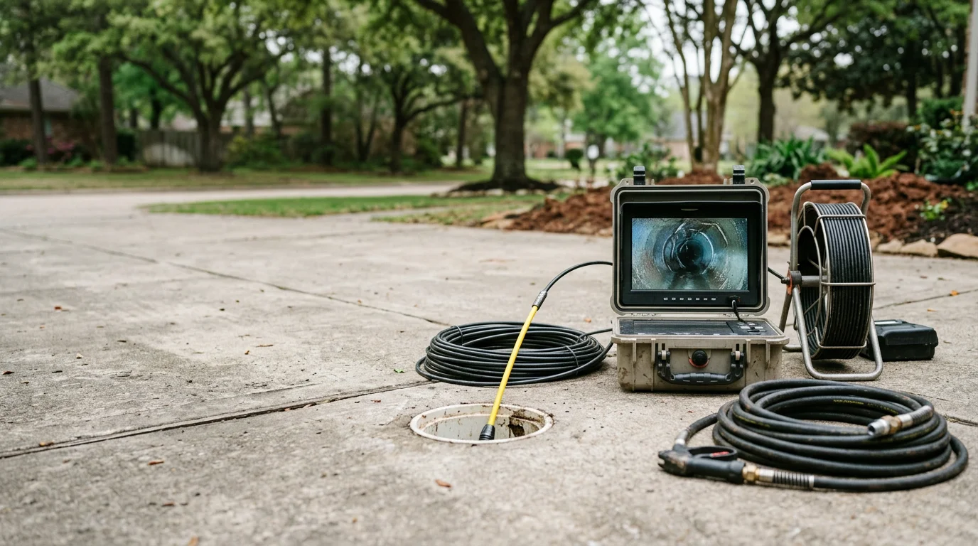 A plumber performing a camera drain inspection on a residential sewer line in Spring, TX, with a monitor displaying the interior condition of the pipe. The image shows a hands-on drain inspection process typical of owner-operated plumbing service in the greater Houston area.