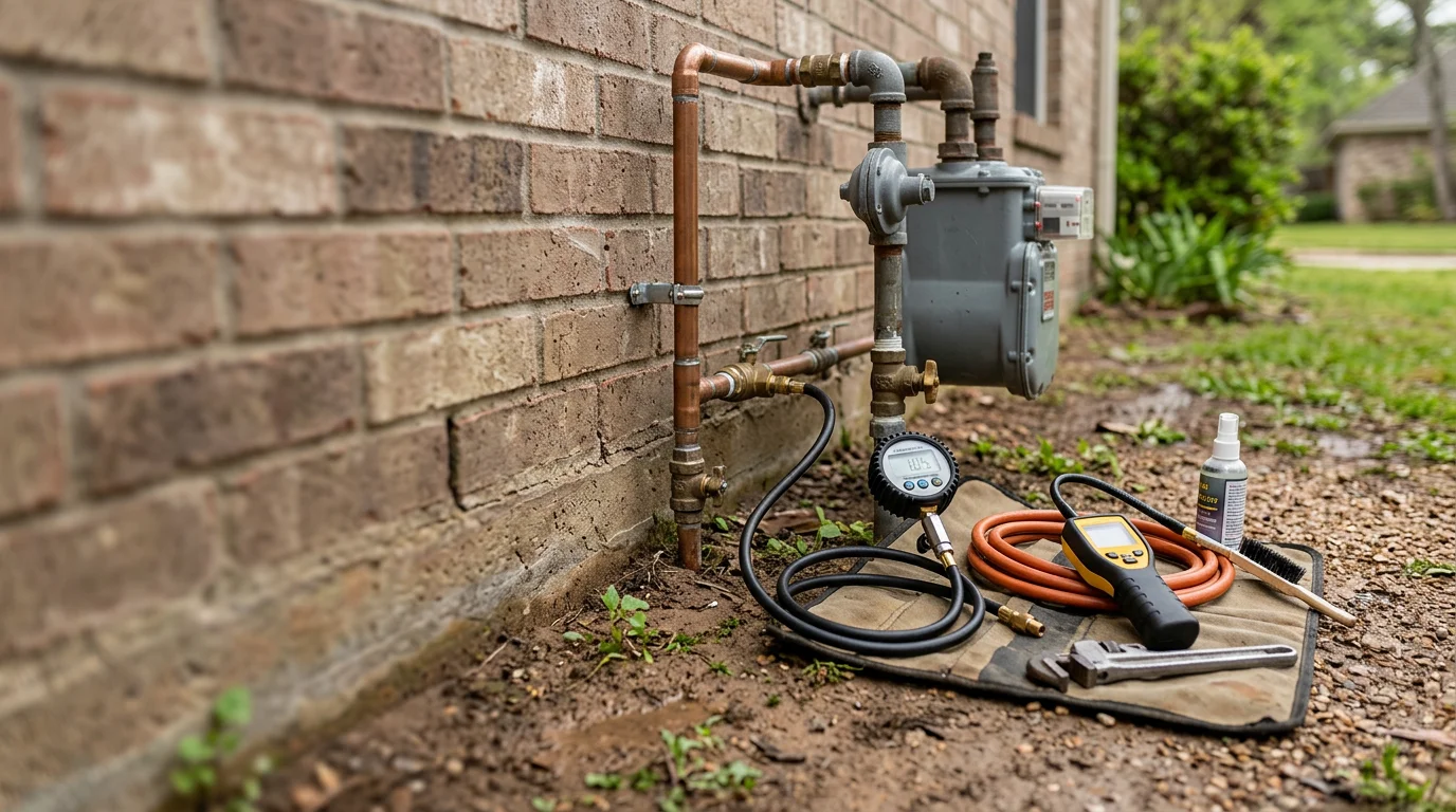 A Texas Master Plumber performing a gas line pressure test on exposed piping at a residential property in Spring, Texas. The image shows the plumber checking fittings and connections near a gas meter on the exterior of a home.
