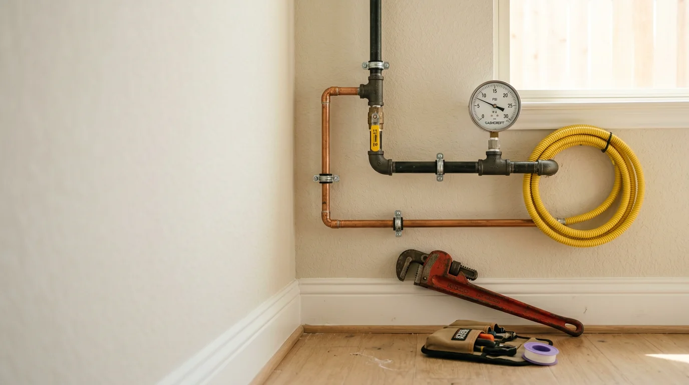 A Texas Master Plumber installing a new natural gas line connection beneath a residential kitchen in Spring, TX. Copper and steel gas piping runs along the wall toward an appliance hookup point.