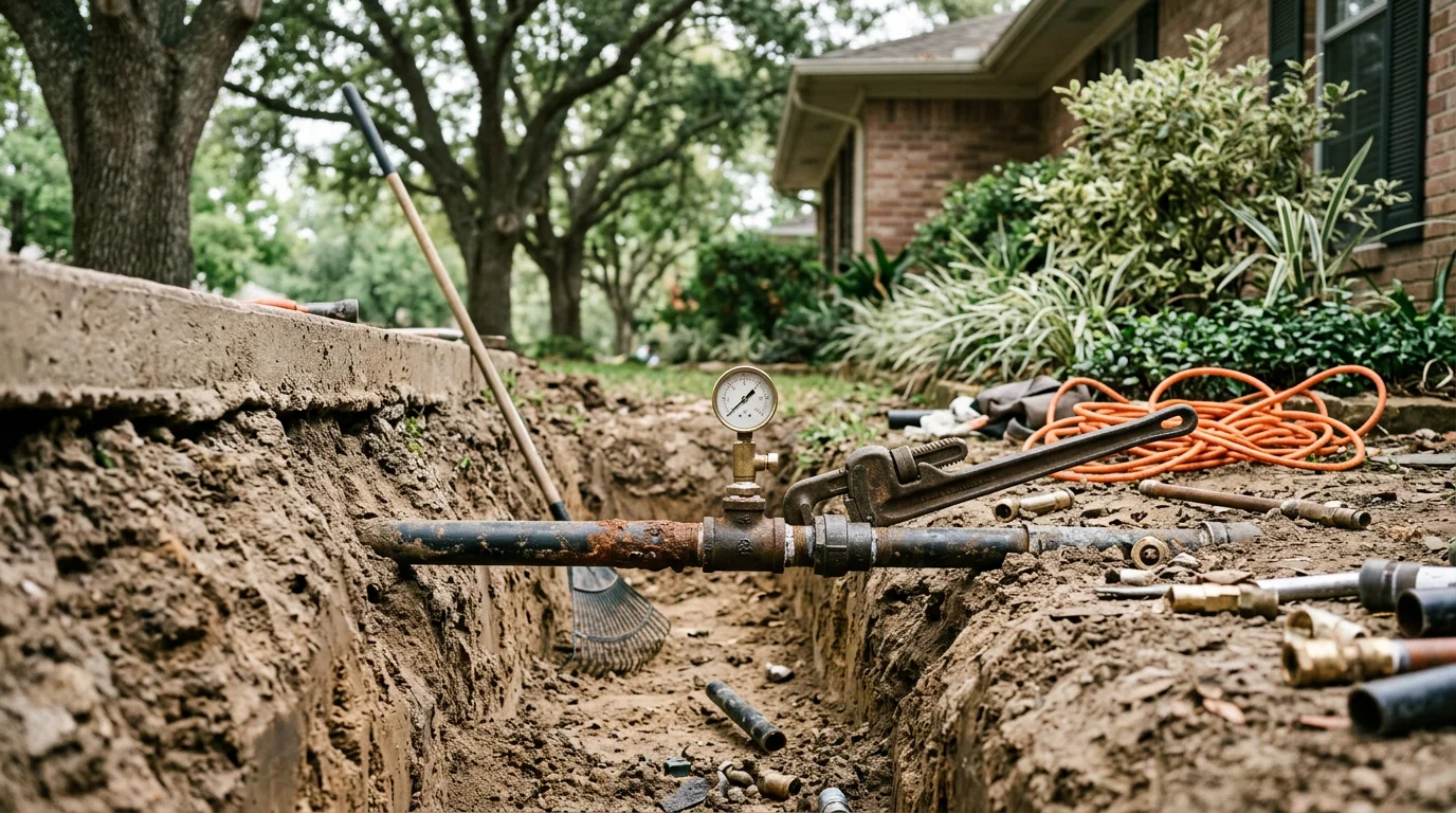 A Texas Master Plumber inspecting and repairing an exposed residential gas line fitting at a home in Spring, Texas. The repair site shows corroded pipe sections being addressed with proper fittings in a crawl space or utility area.
