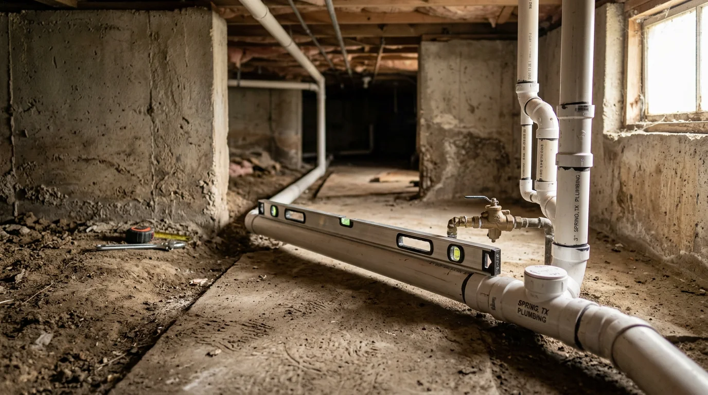 A Texas Master Plumber correcting a non-compliant drain and vent configuration beneath a residential sink in a Spring, Texas home. The repaired pipe connections are visible, showing properly sloped drain lines and compliant vent tie-ins ready for inspection.