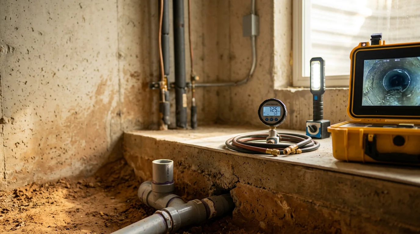 A Texas Master Plumber performing a water pressure test on supply lines beneath a kitchen sink in a Spring, Texas home. Inspection tools and a pressure gauge are visible on the countertop.