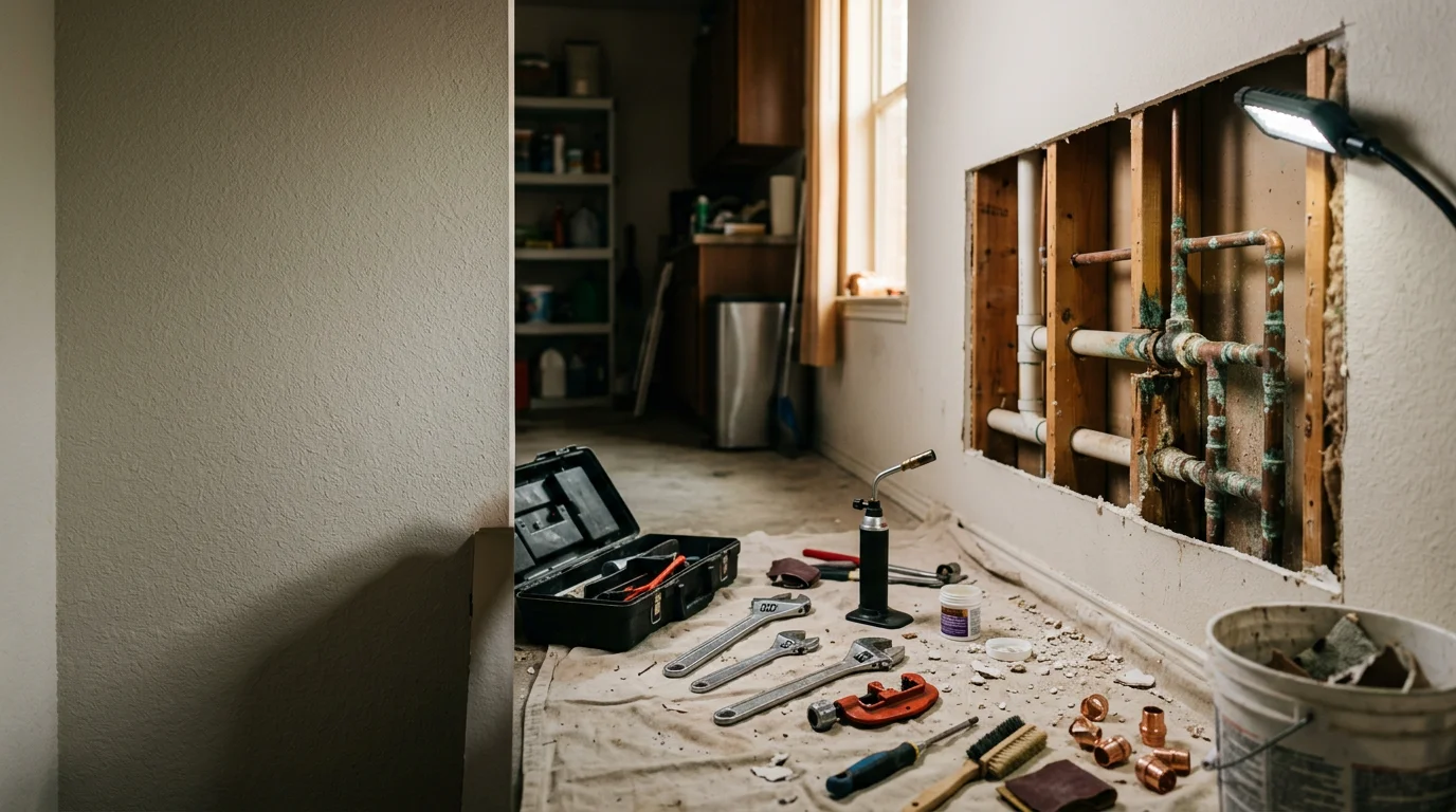 A Texas Master Plumber repairing a leaking pipe beneath a kitchen sink in a Spring, Texas home. Tools and replacement fittings are visible on the work surface beside the open cabinet.