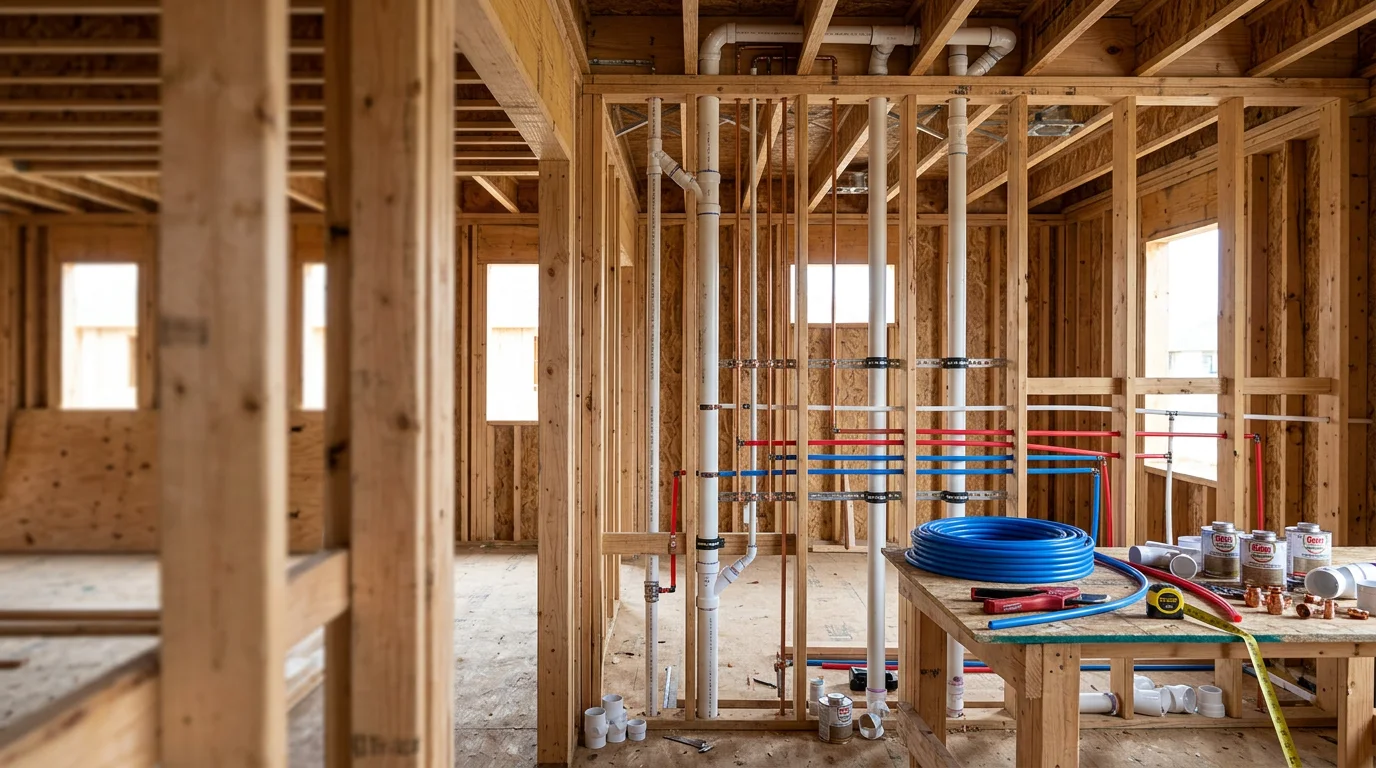 A Texas Master Plumber installing water supply and drain lines inside the wall framing of a new residential home in Spring, Texas. Rough-in plumbing pipes are visible before drywall installation in a wood-framed interior.