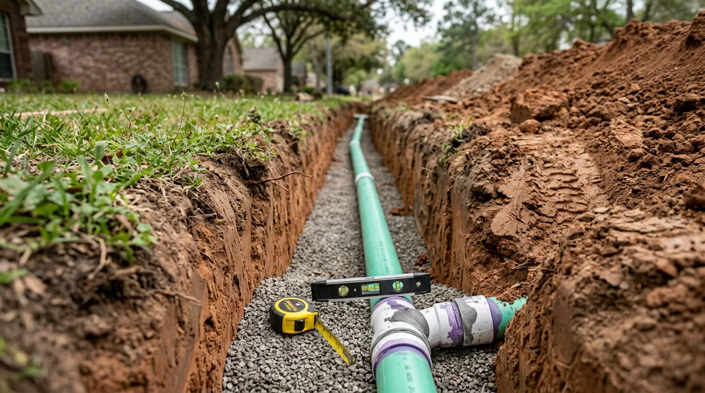 A freshly excavated trench in a Spring, Texas residential yard showing a new sewer line laid at proper slope before backfill. A plumber inspects the pipe alignment alongside the open trench.