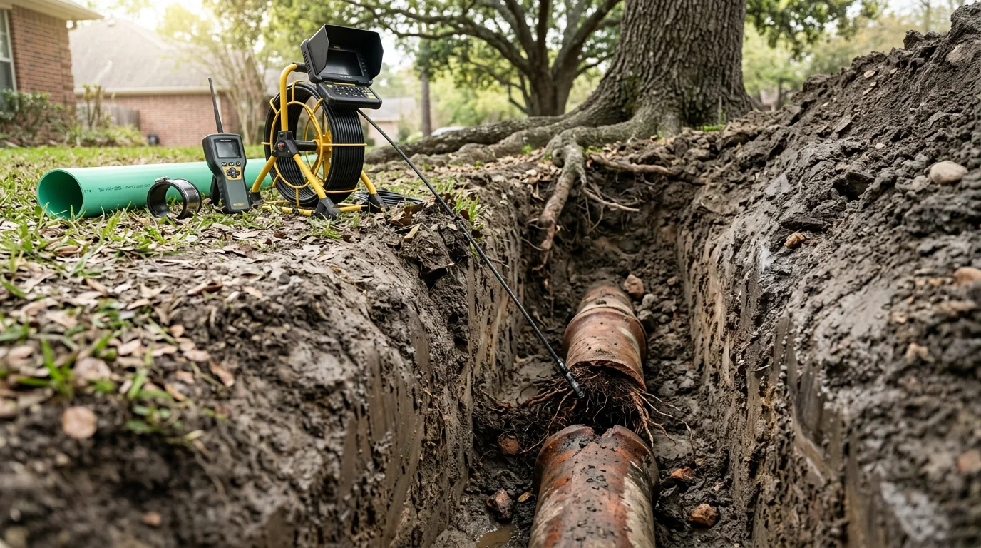 A plumber performing a sewer line repair excavation in a residential yard in Spring, Texas, with exposed pipe visible in a trench alongside a slab-on-grade home. The surrounding clay soil and mature tree canopy reflect the common conditions that lead to sewer line damage in the Houston area.