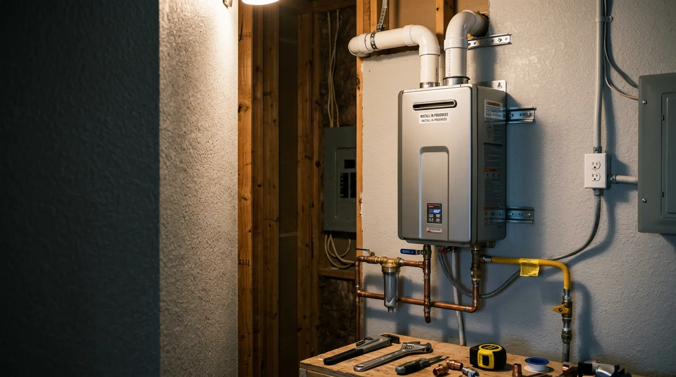 A tankless water heater mounted on an interior wall in a Spring, Texas home, with copper water lines and a gas connection visible. The compact unit replaces a traditional storage tank in a residential utility space.