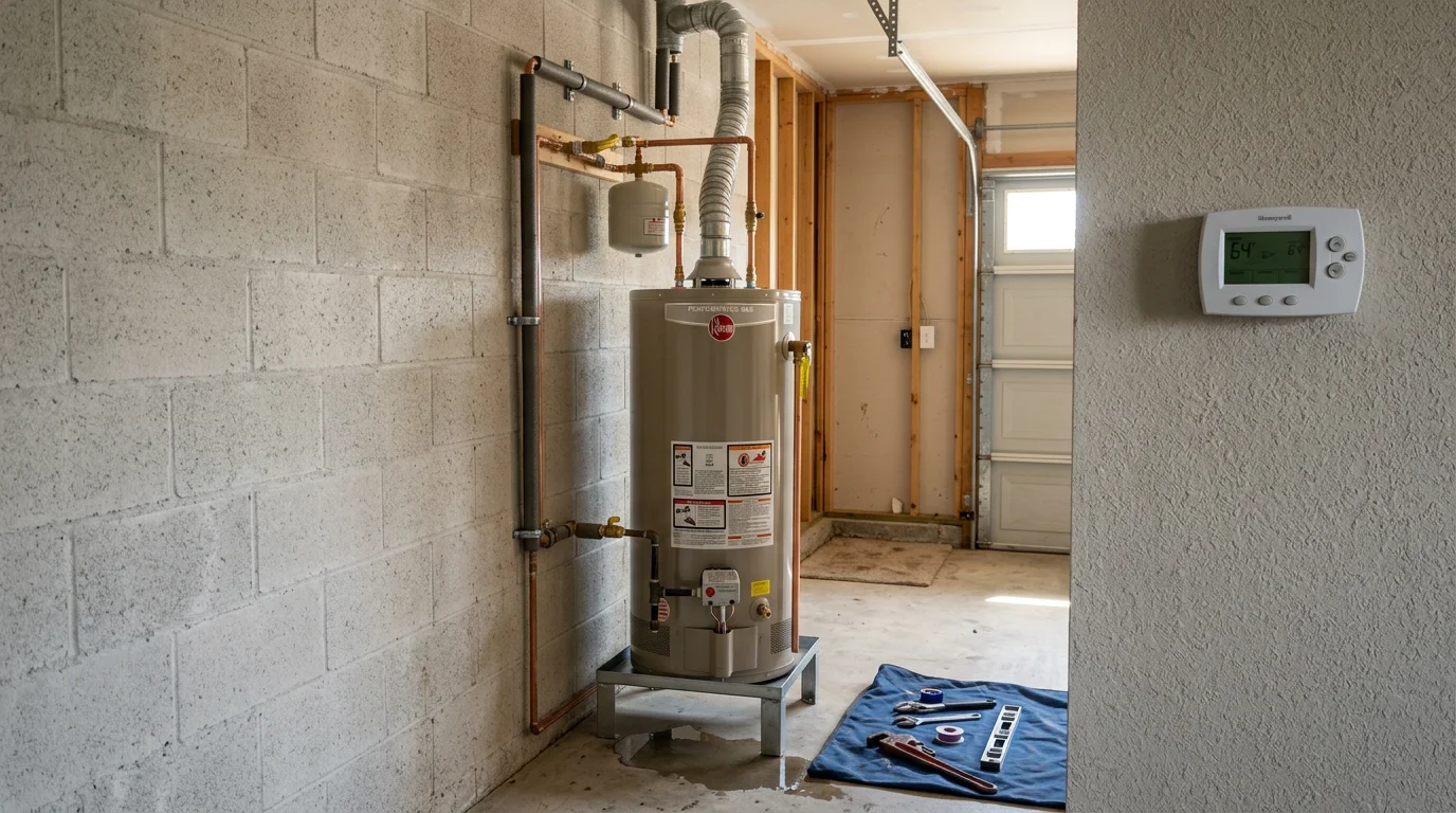 A traditional tank water heater installed in a garage of a slab-foundation home in Spring, Texas, with water supply lines and gas connections visible. The unit is properly positioned and vented as part of a professional installation by Texas Design Plumbing LLC.