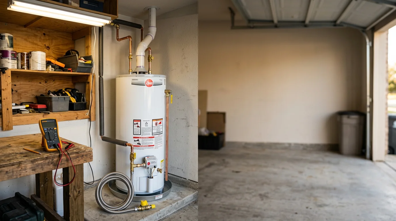 A newly installed tank water heater in a Spring, Texas garage, with clean copper water lines and a gas connection visible against a slab-foundation wall. A Texas Master Plumber inspects the pressure relief valve and venting before completing the job.