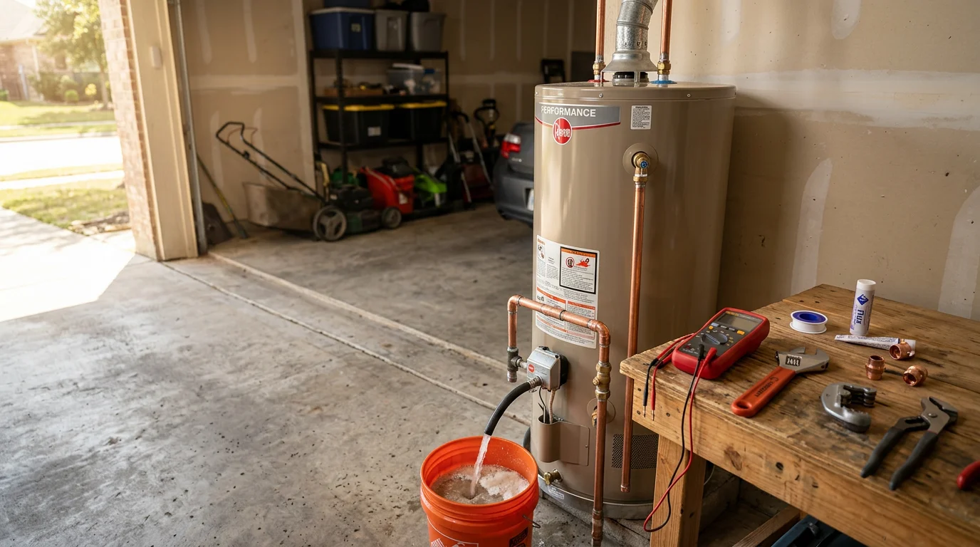 A plumber inspecting a tank water heater inside a residential garage in Spring, Texas. The technician examines the T&P valve and connections on a gas water heater during a repair service call.