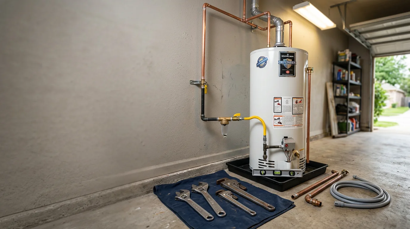 A new water heater installed in a residential garage in Spring, Texas, with copper supply lines and a pressure relief valve connected. A Texas Master Plumber inspects the completed replacement before testing.