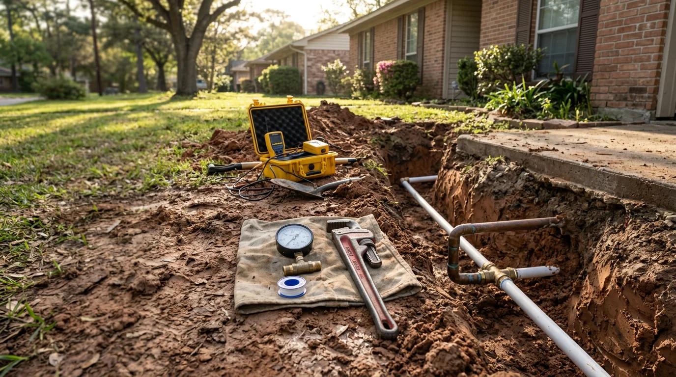 A plumber inspecting an exposed main water line in a residential yard in Spring, Texas, with clay soil visible around the excavated pipe. The repair site shows a section of supply line being assessed before restoration.